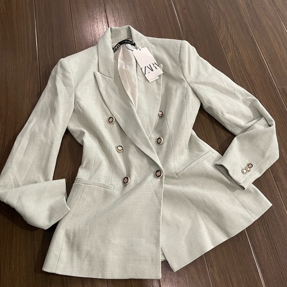 Zara light green/ gray double button classic blazer